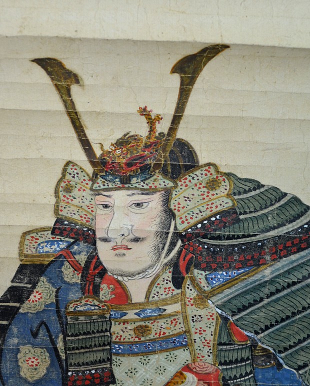 старинная японская акварель на свитке Сегун в полевой ставке