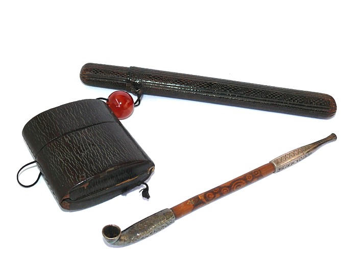 Japanese antique tobacco pipe, pipe-case and tobacco pouch with netsuke