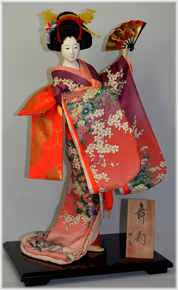 japanese traditional doll of a young woman dancing with folding fan in her hand, 1970's