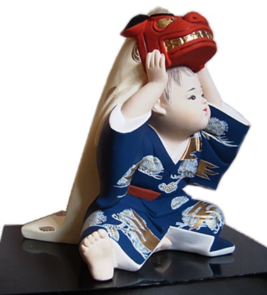 little boy with big mask of Lion, hakata clay doll