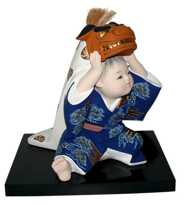 child with big mask of Lion, hakata clay doll