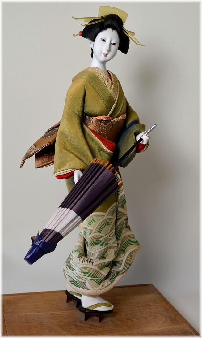 geisha with umbrella, japanese antique doll, 1930's