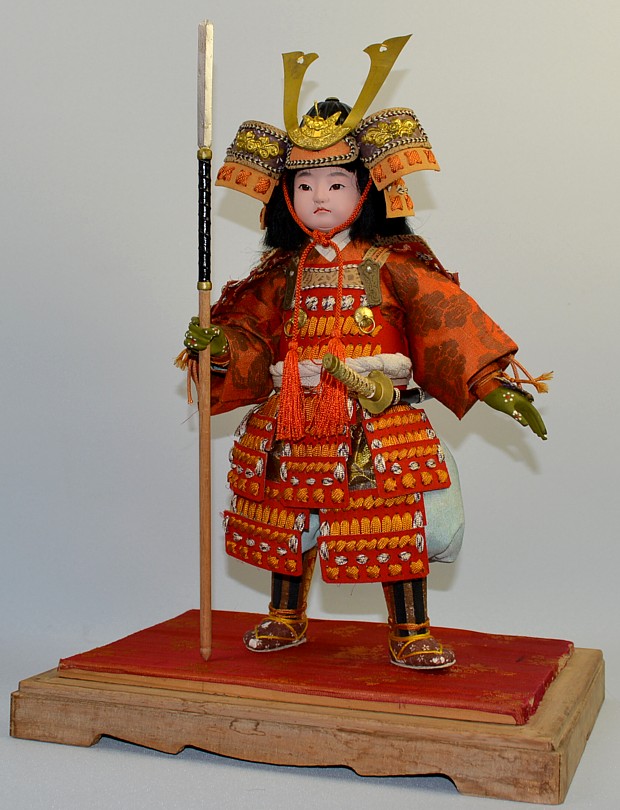 Japanese antique  doll of a Young Samurai  with spear in his hand