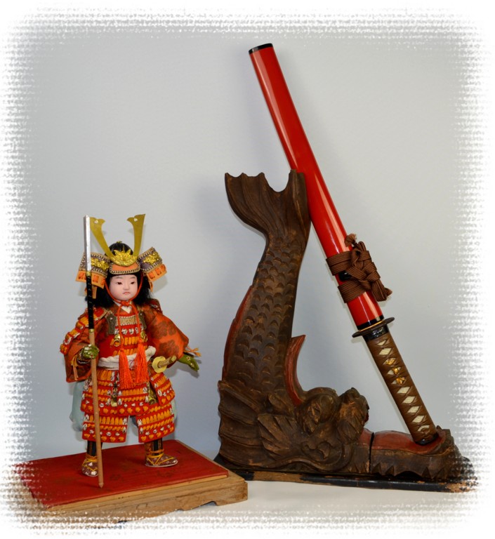 japanese antique samurai doll and antique wooden carved satnd for sword
