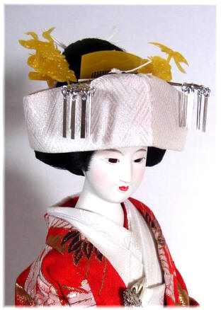 japanese bride doll in wedding kimono and hat, 1960's
