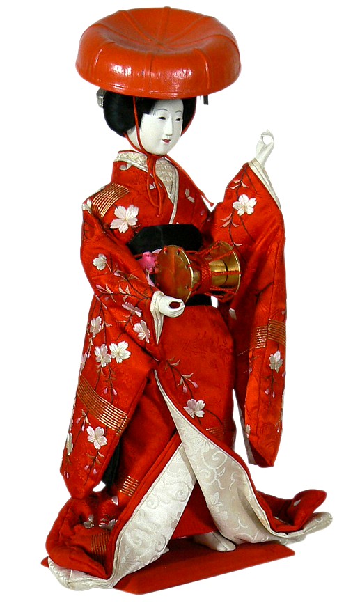 Japanese antique doll of a dancing Maiko with red hat, Taisho er