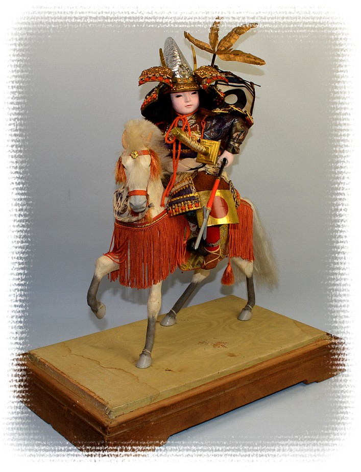 samurai on white battle horse, japanese doll