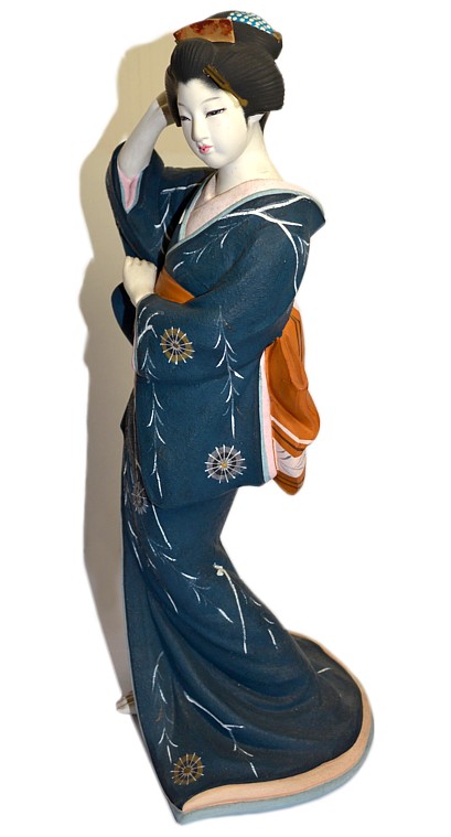 Japanese Hakata doll of a woman in dark blue kimono, vintage