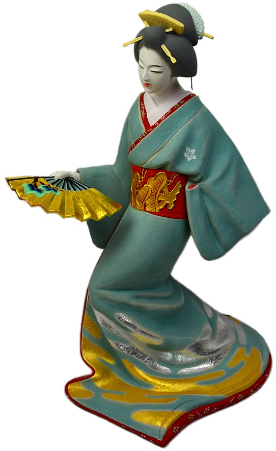 geisha dancing with foldin fan, Japanese clay doll