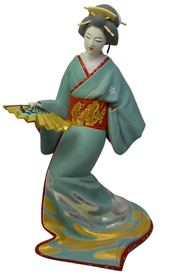 japanese ceramic figurine of a geisha with folding fan