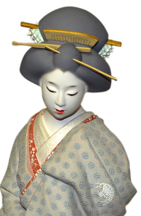 japanese hakata clay doll of a dancing geisha with umbrella open, 1970's