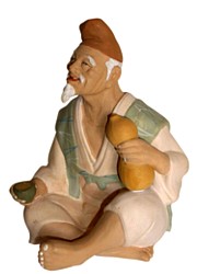 japanese hakata clay figurine of old man with sake wine, 1950's