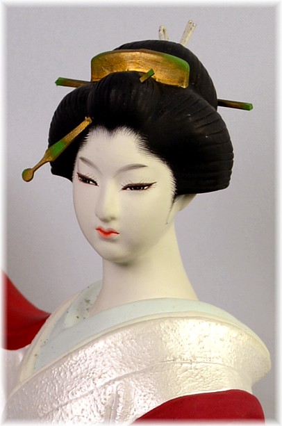 geisha dancing with Lion mask and fan, Japanese Hakata doll, 1960's
