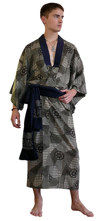japanese traditional man's outfit: kimono and silk heko obi belt
