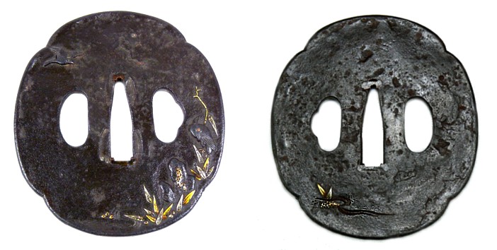 цуба - гарда японского меча, железо, ковка, резьба, впайка золота