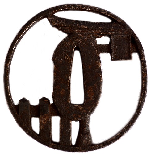 антикварная гарда японского меча - цуба с изображением Ворот Храма