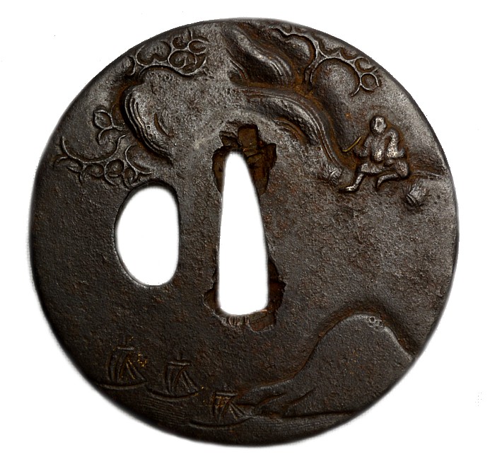 Цуба (гарда) самурайского меча эпохи Эдо с пейзажем в стиле сансуи