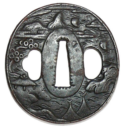 гарда японского меча с изображением прибрежного морского пейзажа