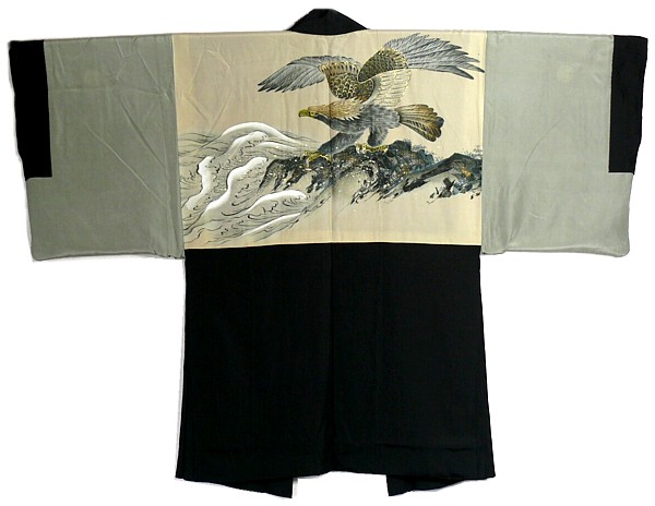 японское мужское хаори из шелка, 1940-е гг.,подкладка с росписью