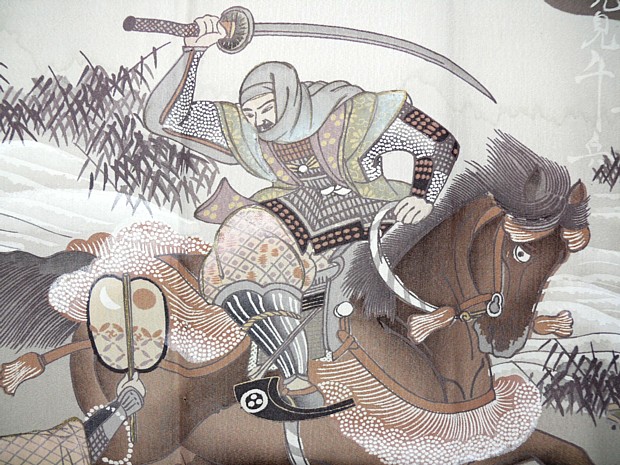 samurai scene painting on kimono jacket inside, detail