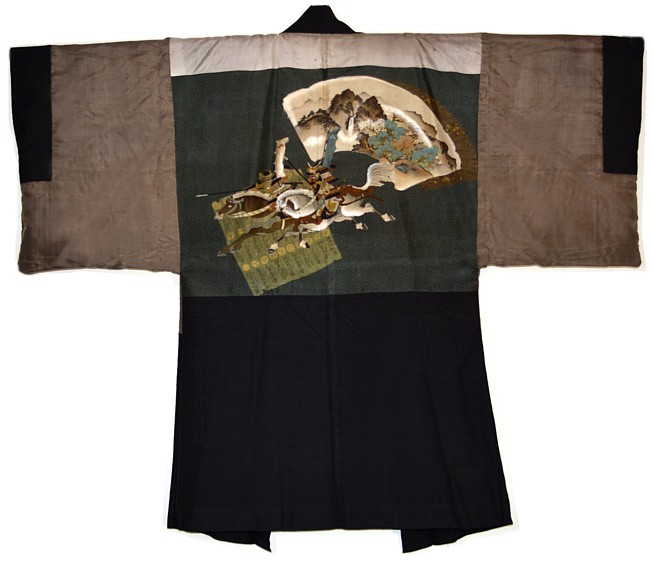 japanese man's antique haori jacket with samurai scene on the lining