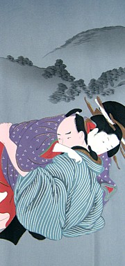 japanese man's silk kimono with hand painted erotic scene, vintage