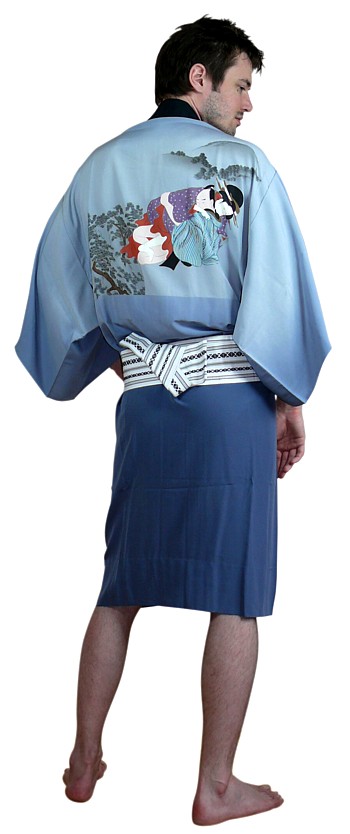 japanese man's silk kimono with hand painting on back, vintage