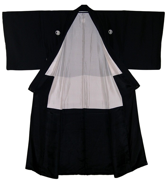 japanese man's formal black silk kimono, antique