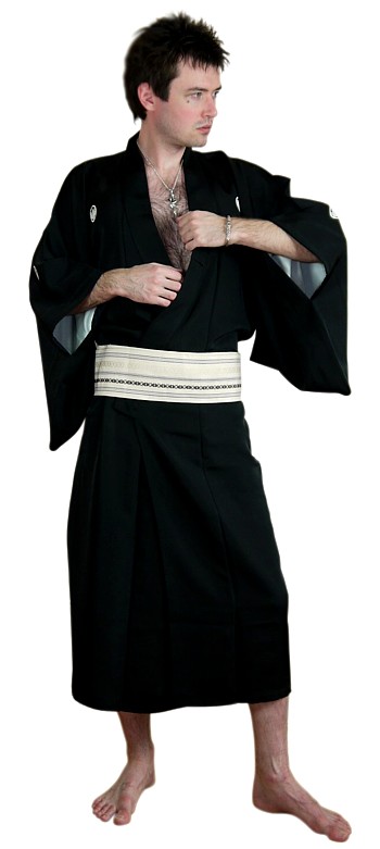japanese man's black silk montsuki kimono, 1930-50's