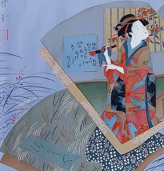 detail of painting on japanese man's silk antique kimono