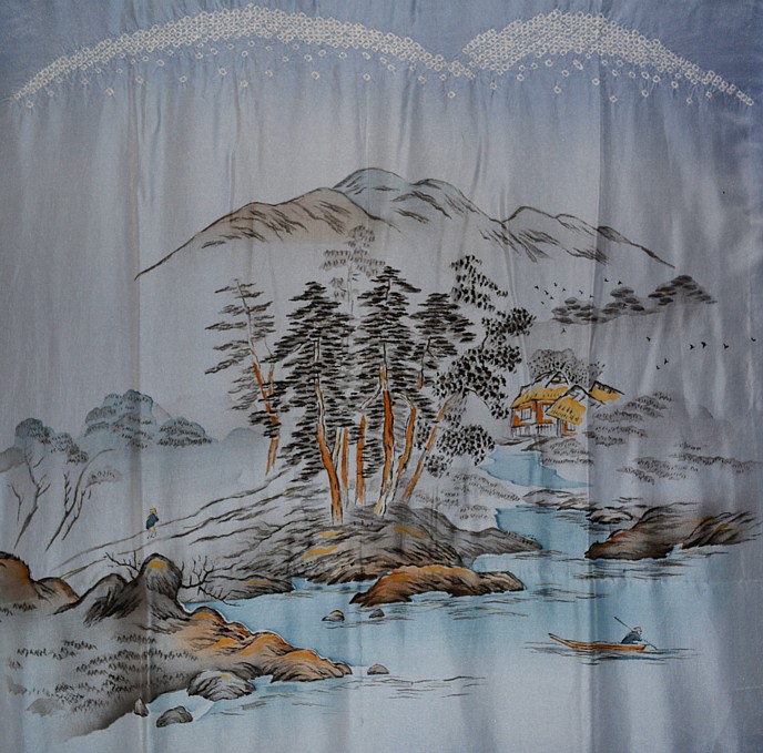 japanese picture on silk vintage  kimono back 