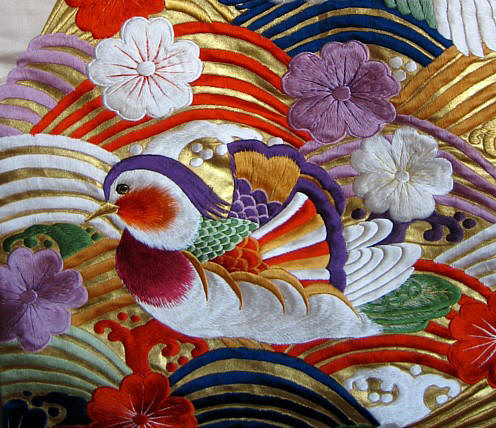 japanese wedding silk brocade kimono: detail of embroidery